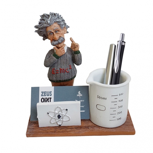 מעמד פסל “איינשטיין” קריקטורה עם כוס לעטים ומעמד כרט’ ביקור