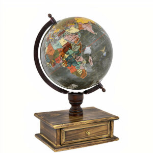 גלובוס עתיק קשת מתכת על בסיס עץ עם מגירה