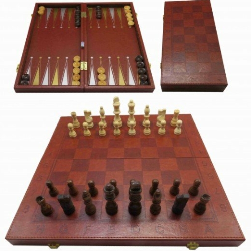 ⁦שחמט בינוני דמוי עור ב סט 3 משחקים⁩