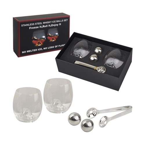 סט מתנה ויסקי – שתי כוסות עם כדורי קרח ממתכת