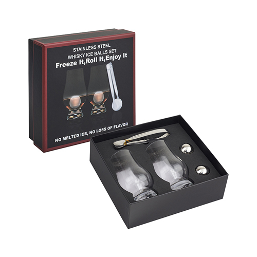 סט מתנה ויסקי – שתי כוסות עם כדורי קרח ממתכת