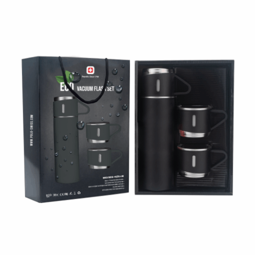 תרמוס נירוסטה 1/2 ליטר + 3 כוסות באריזת מתנה מהודרת