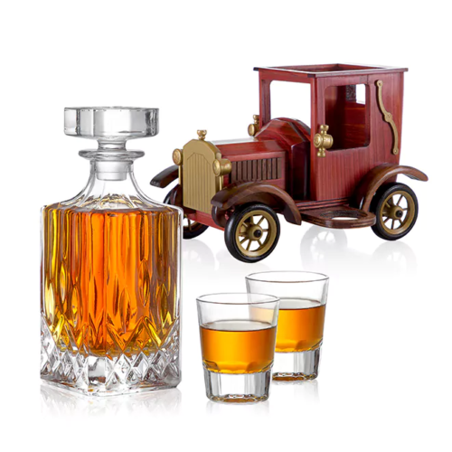 סט ויסקי מתנה גדול | דיקנטר 700cc עם שתי כוסות במעמד מכונית עץ עתיקה