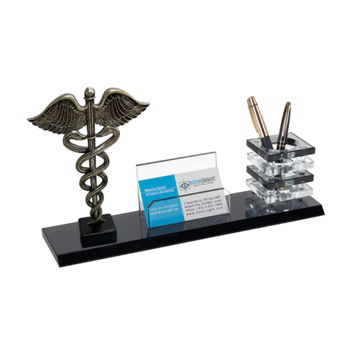 מעמד קריסטל “סמל הרפואה” עם כוס לעטים ומעמד כרטיסי ביקור