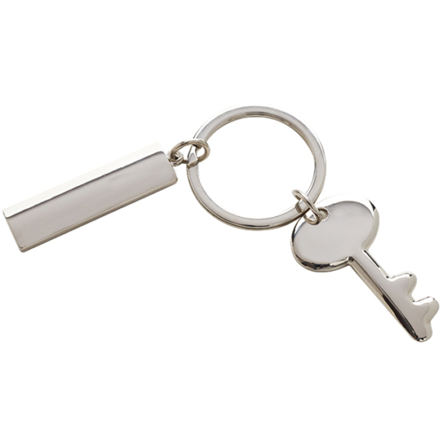 מחזיק מפתחות מתכתי בעיצוב מפתח | עם לוחית מלבנית למיתוג