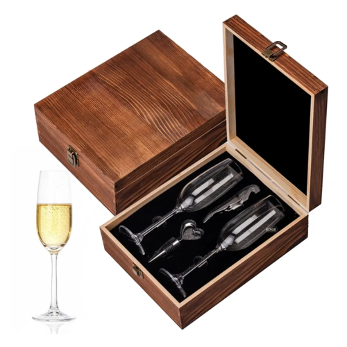 מארז עץ יוקרתי 2 כוסות שמפניה עם חריטה אישית