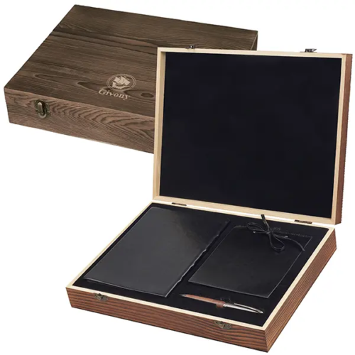 סט מתנה יוקרתי שחור עם חריטה אישית – מארז עץ מחברת בלוק ממו ועט