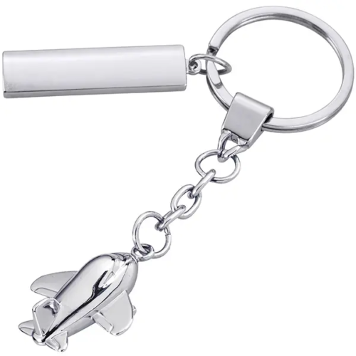 מחזיק מפתחות מתכתי בצורת מטוס עם לוחית למיתוג אישי